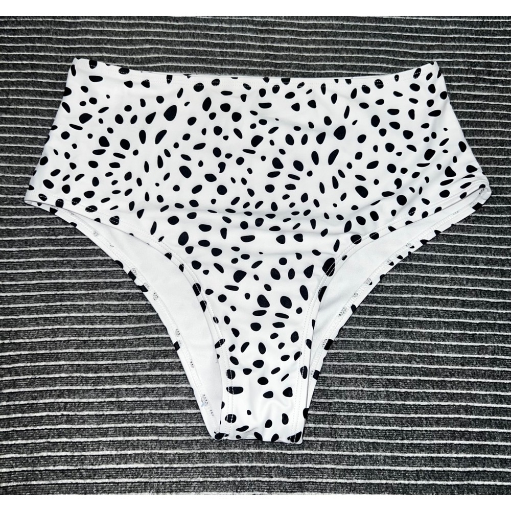SHEIN Womens High Waisted Dalmatian Print Bikini Bottoms XL White Black Spotted